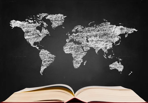 Dünya Haritası üzerinde yazı tahtası popup kitap — Stok fotoğraf