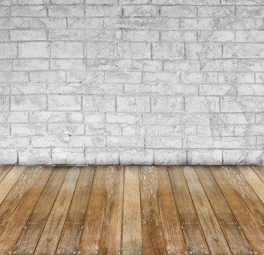 Grunge beyaz tuğla duvar ve sarı ahşap yerde çimento