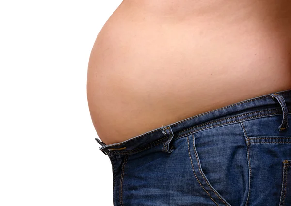 Sobrepeso paunchy homem gordo no fundo branco — Fotografia de Stock