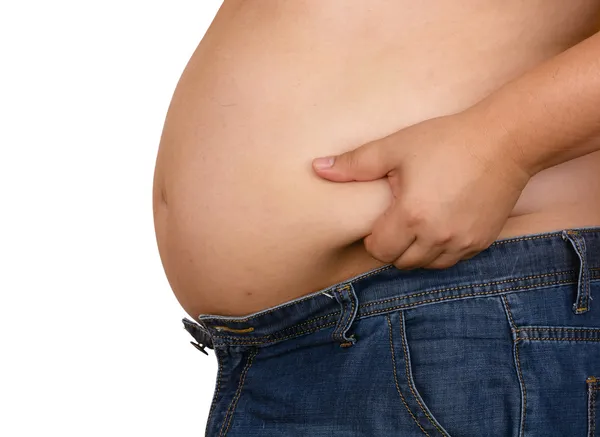 Sobrepeso paunchy homem gordo no fundo branco — Fotografia de Stock