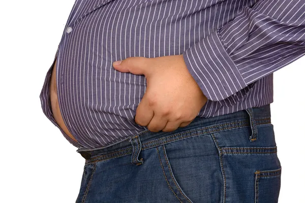 Übergewichtige paunchy fat man auf weißem Hintergrund — Stockfoto