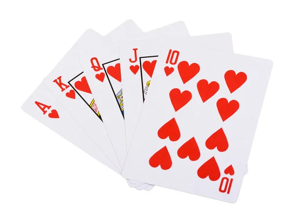 Red hearts royal straight flush poker card — Stock Photo, Image