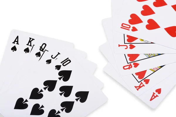 Red hearts and black spade royal straight flush poker card — Stock Photo, Image