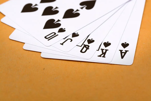 Preto pá real straight flush poker card — Fotografia de Stock