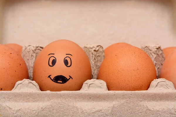 Lächeln Gesicht Zeichnung auf Eiern in brauner Pappschachtel — Stockfoto