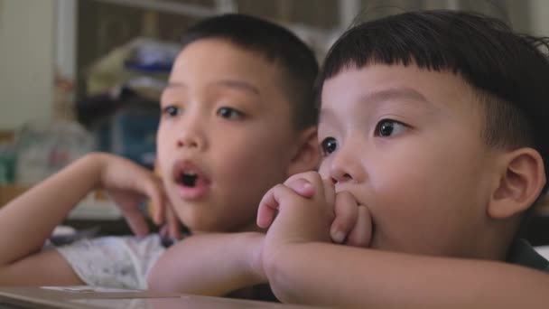 Två Unga Bror Koncentrerar Sig Att Titta Något Dator Eller — Stockvideo