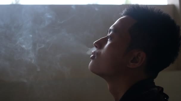 Asian Man Smoking Cigarette Smoke Area Spit Spray — Stockvideo