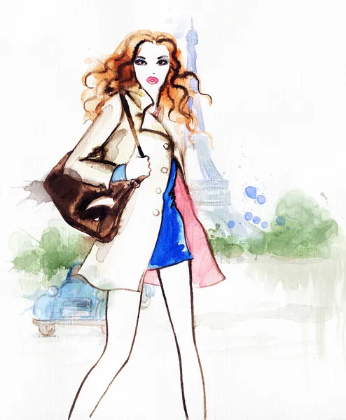 Vrouw staand artikel aquarel .fashion achtergrond — Stockfoto
