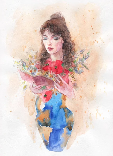 Watercolor Painting Fantasy Female Portrait Illustration — Stock Photo, Image