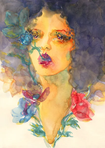Watercolor Painting Fantasy Female Portrait Illustration —  Fotos de Stock