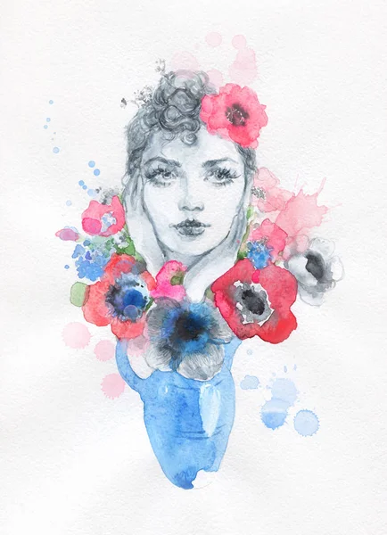 Watercolor Painting Fantasy Female Portrait Illustration Royalty Free Stock Images