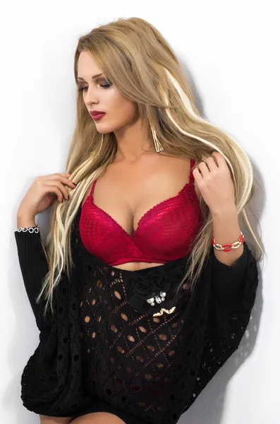 Sexy blonde woman in red bra — Stock Photo, Image