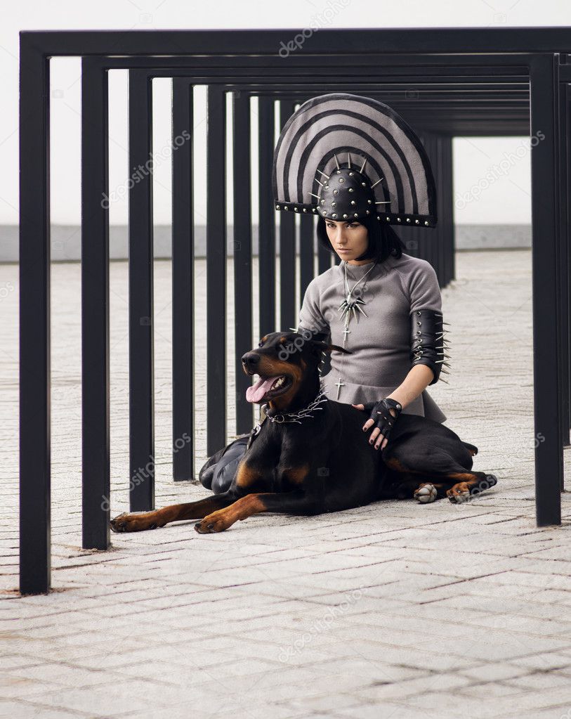Woman with black dog