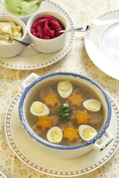 Jellied with beef tongue, carrot and quail eggs — Stock Photo, Image