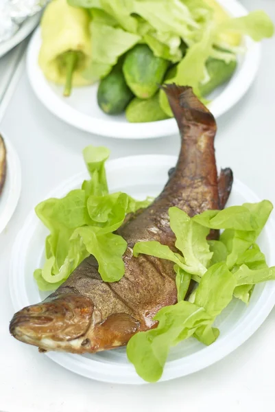 Truta defumada com salada verde — Fotografia de Stock