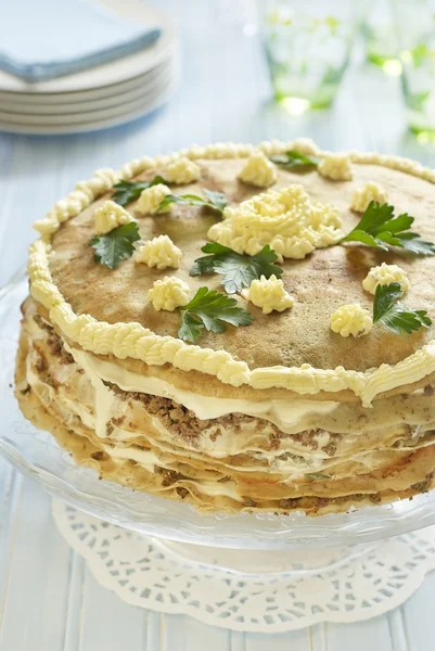 Pancake cake with liver, sour cream and parsley — Stock Photo, Image