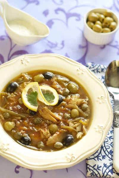 Fish solyanka with capers and olives — Stock Photo, Image