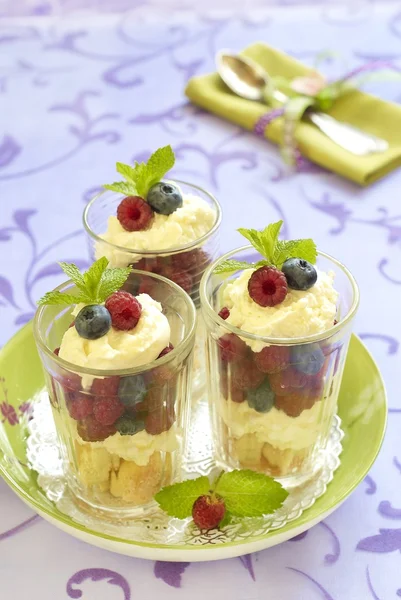 Fresh berries dessert with mascarpone and biscuit — Stock Photo, Image