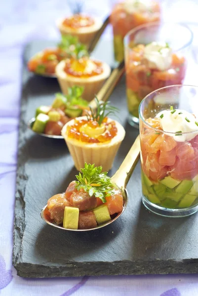 Holiday starter platter with fish appetizers — Stock Photo, Image