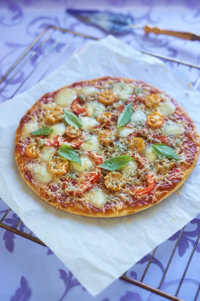 Pizza with pepperoni, tomatoes, pepper and mozzarella — Stock Photo, Image