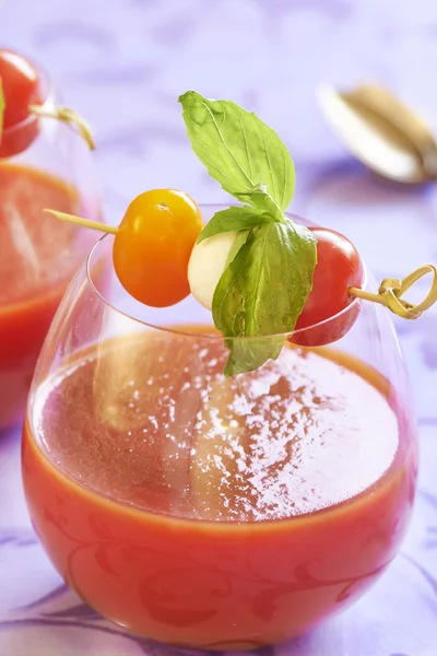 Tomato soup with mozzarella and basil — Stock Photo, Image