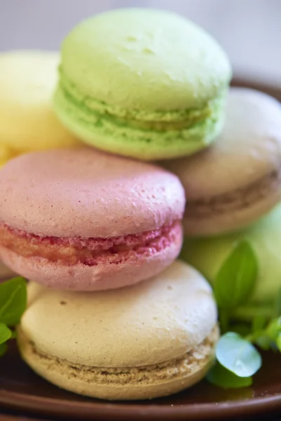 Colorful macaroons on brown plate — Stock Photo, Image