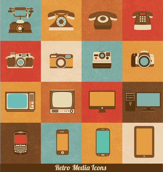 Retro Media Icons of Phones Cameras Televisions and Smart Devices