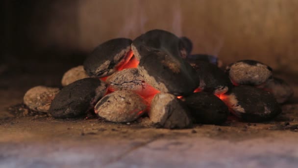 Primer plano de briquetas de madera caliente en la parrilla del jardín — Vídeo de stock