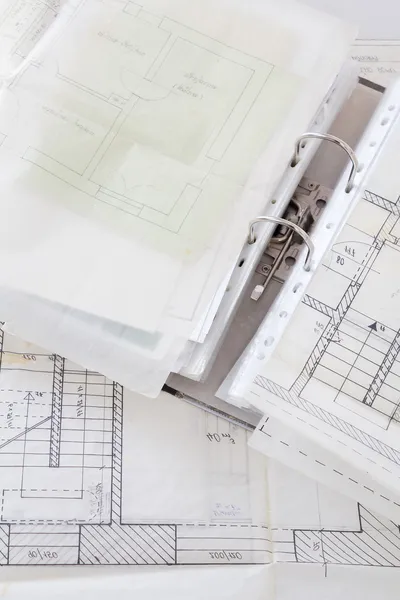 Arkitektoniska planer av gamla papper och fil med projektet — Stockfoto