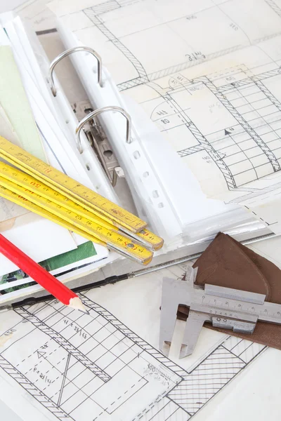 Architectural plans of the old paper measuring tools and file with the proj — Stock Photo, Image