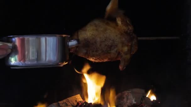 Frango assado em um cuspo — Vídeo de Stock