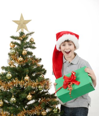 Happy boy in santa hat surprised by christmas present