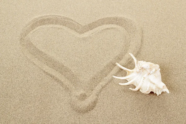 Corazón escrito a mano en la arena con concha marina — Foto de Stock