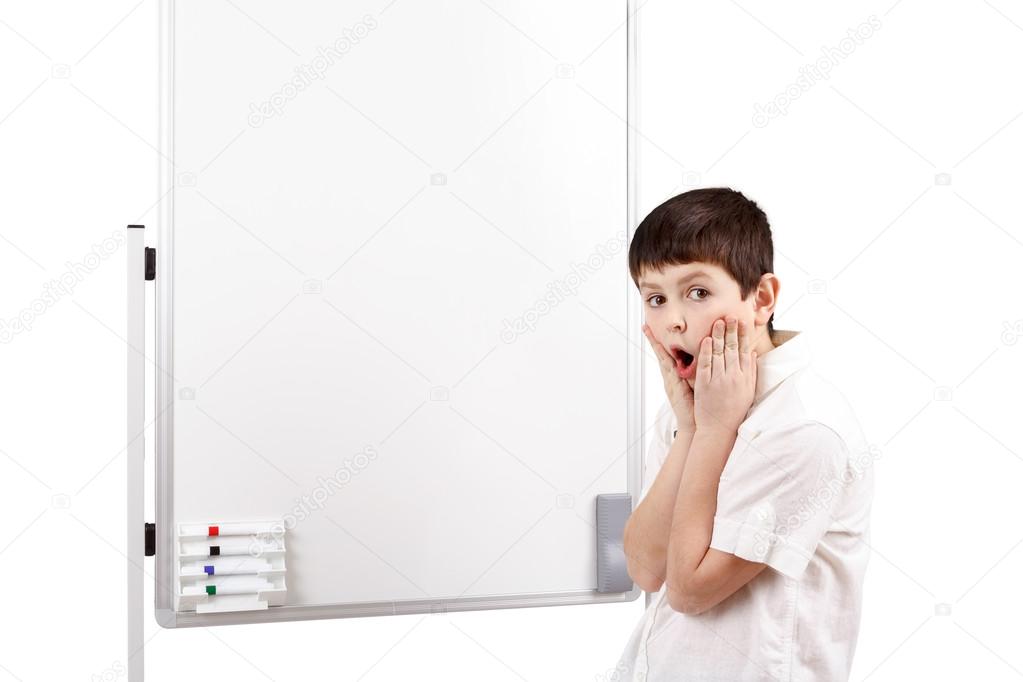 wonder-struck little boy with white blank board