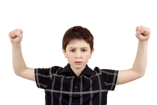 Portrait of a young boy with hand raised up — Stock Photo, Image