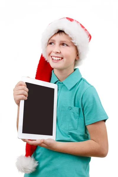 少年和白色衬底上的平板电脑 — 图库照片