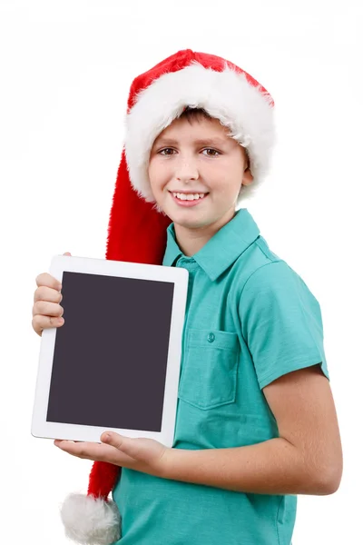 少年和白色衬底上的平板电脑 — 图库照片