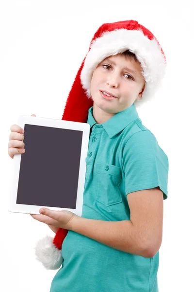 Tiener en tablet op wit — Stockfoto