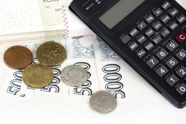 Czech money banknotes, coins and calculator — Stock Photo, Image