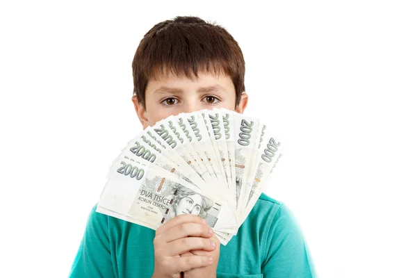 チェコの王冠の銀行券からのファンを持つ男の子 — ストック写真