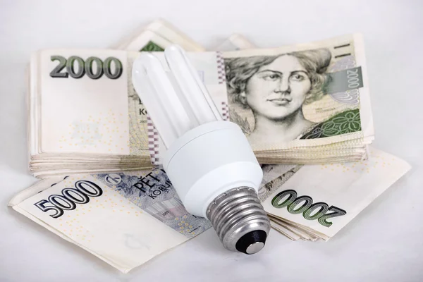 Saving money with energy saving bulb — Stock Photo, Image