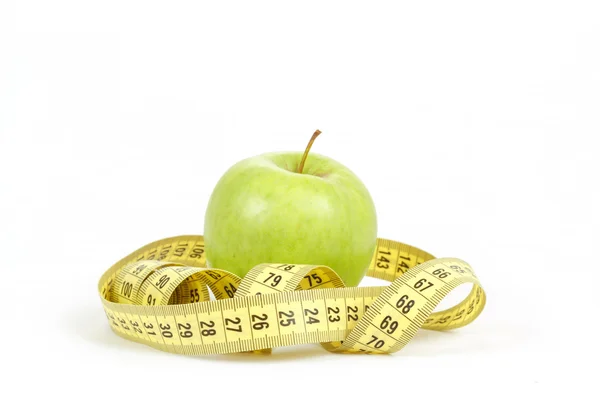 Green apple and measuring tape isolated on white background — Stock Photo, Image