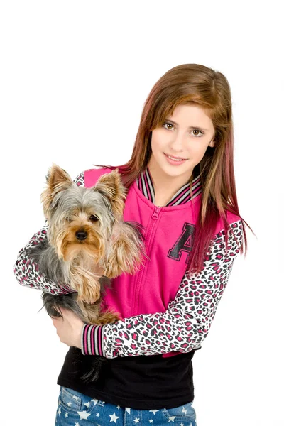 Smiling young girl with her pet yorkshire — Stock Photo, Image