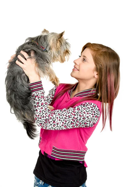 Smiling young girl with her pet yorkshire — Stock Photo, Image