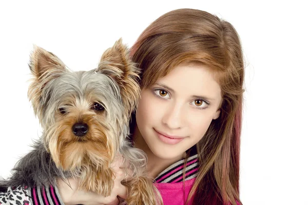 Smiling young girl with her pet yorkshire — Stock Photo, Image