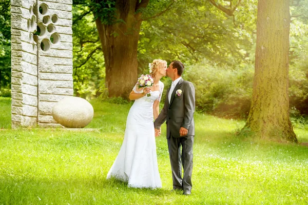 Beautiful young wedding couple kissing — Stock Photo, Image