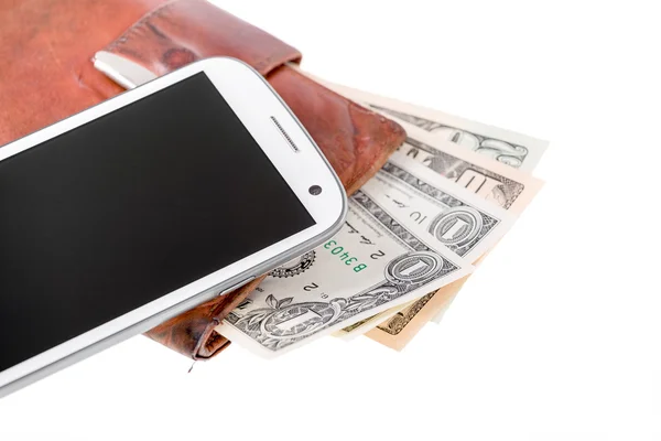 Cellphone and money on white — Stock Photo, Image