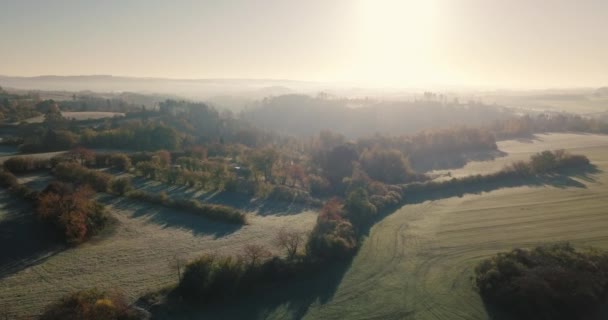 Aerial View Autumn Sunrise Countryside Traditional Fall Landscape Rising Sun — Stock Video