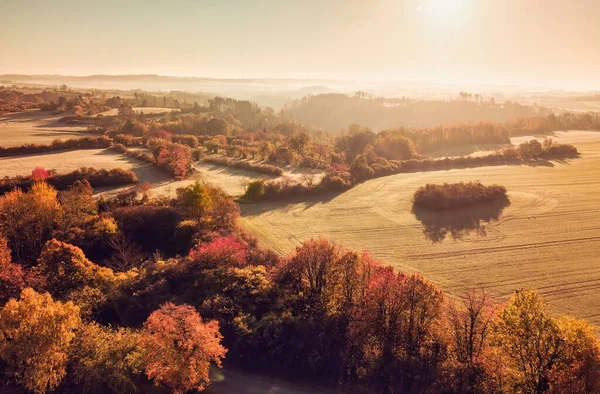 Вид Воздуха Осеннюю Сельскую Местность Восхода Солнца Традиционный Осенний Пейзаж — стоковое фото