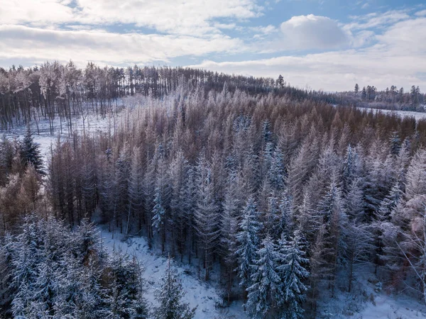 Letecký Pohled Zimní Krajinu Pokrytou Sněhem Slunečného Dne Česká Republika — Stock fotografie